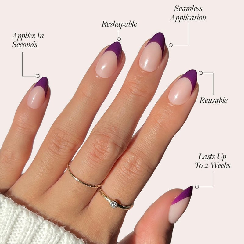 Glamnetic Modern practical shape Press On Nails - Plum | Semi-Transparent Dark Purple French Tip Short Almond Fake Nails in a Glossy Finish, Salon Quality | 15 Sizes - 30 Nail Kit Cost effective fine quality - Image 3