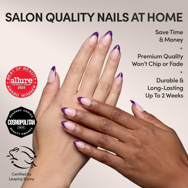 Glamnetic Modern practical shape Press On Nails - Plum | Semi-Transparent Dark Purple French Tip Short Almond Fake Nails in a Glossy Finish, Salon Quality | 15 Sizes - 30 Nail Kit Cost effective fine quality - Image 2