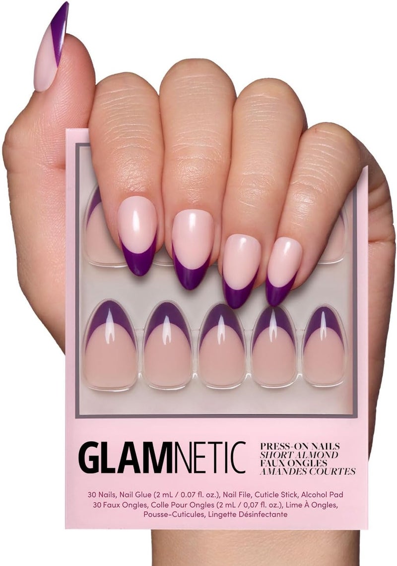 Glamnetic Modern practical shape Press On Nails - Plum | Semi-Transparent Dark Purple French Tip Short Almond Fake Nails in a Glossy Finish, Salon Quality | 15 Sizes - 30 Nail Kit Cost effective fine quality - Image 1