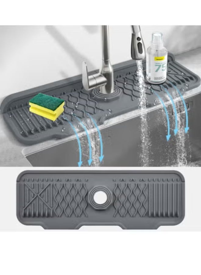 Peachjoy Faucet Mat, Kitchen Sink Splash Guard, 5°slope Anti-Slip Silicone Faucet Handle Drip Catcher Tray, Kitchen Accessories Sink Mat Sink Protectors for Bathroom (43.3*15*0.2 cm, Height: 1.5cm) - Image 1