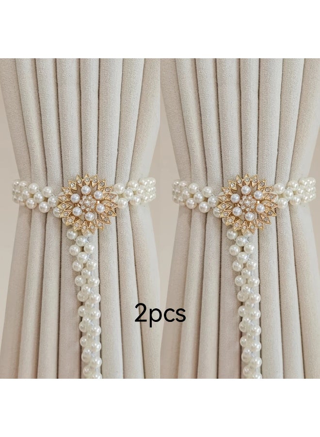 Goolsky 2pcs Elegant Sunflower Curtain Tiebacks with Adjustable Faux Pearls - Golden Finish, Luxurious Home Decor for Living Room and Bedroom - Image 1