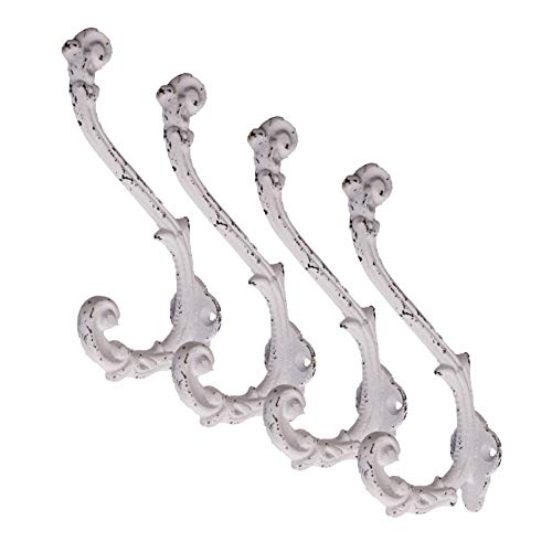 CRAFTSMAN ROAD Vintage Cast Iron Wall Hooks (Antique White Finish, Set of 4) - Rustic, Farmhouse, Shabby Chic, French Country Coat Hooks | Great for Coats, Bags, Towels, Hats | French Slender - Image 1