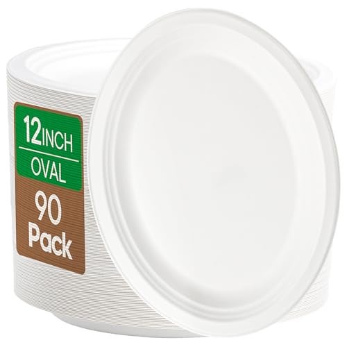 Elsjoy 90 Pack Compostable Oval Paper Plates 125 Inch Sugarcane Dinner Plates Large Disposable Plates Biodegradable Platters for Restaurant BBQ Parties Breakfast Microwave Safe