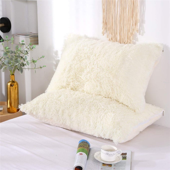 FLUFFY PILLOWCASE STANDARD SIZE SET OF 2 CREAMY WHITE SHERPA SHAGGY PILLOW CASES DECORATIVE COVERS WITH ZIPPER CREAM WHITE