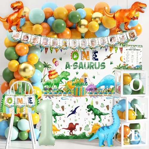 THAWAY One a Saurus Birthday Decorations 105Pcs Dinosaur 1st Birthday Party Supplies for Boy Dinosaur Balloon Garland Balloon Box Backdrop Monthly Photo Highchair Banner Tablecloth Cake Topper Hat Poster - Image 1