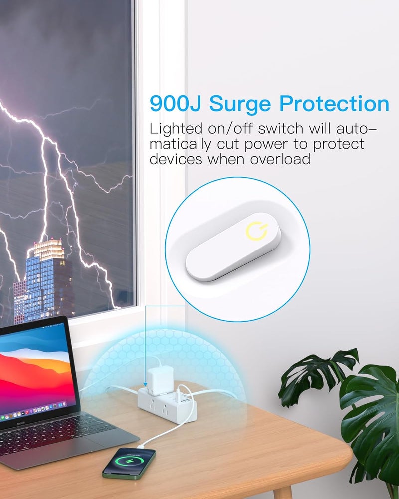 One Beat 15Ft Extension Cord with Multiple Outlets, Flat Plug Power Strip Surge Protector with 15 Ft Long Cord, 6 Outlet 3 USB Ports (1 USB C), Multi Outlet Wall Plug for Travel, College, Dorm Room Essentials - Image 4