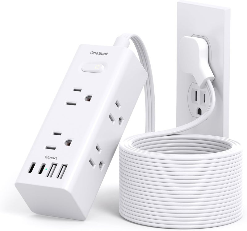 One Beat 15Ft Extension Cord with Multiple Outlets, Flat Plug Power Strip Surge Protector with 15 Ft Long Cord, 6 Outlet 3 USB Ports (1 USB C), Multi Outlet Wall Plug for Travel, College, Dorm Room Essentials - Image 1