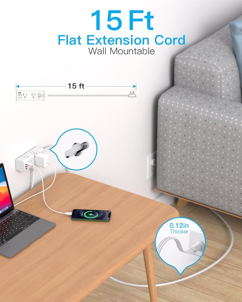 One Beat 15Ft Extension Cord with Multiple Outlets, Flat Plug Power Strip Surge Protector with 15 Ft Long Cord, 6 Outlet 3 USB Ports (1 USB C), Multi Outlet Wall Plug for Travel, College, Dorm Room Essentials - Image 2