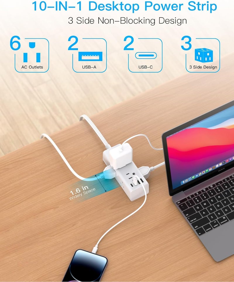 One Beat 15Ft Extension Cord with Multiple Outlets, Flat Plug Power Strip Surge Protector with 15 Ft Long Cord, 6 Outlet 3 USB Ports (1 USB C), Multi Outlet Wall Plug for Travel, College, Dorm Room Essentials - Image 3