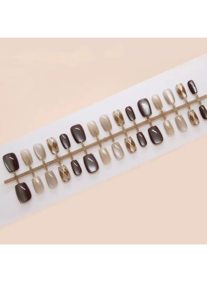 Goolsky Autumn Winter Maillard Cat Eye Short Press-on Nails for Cozy Seasonal Feel - Image 1