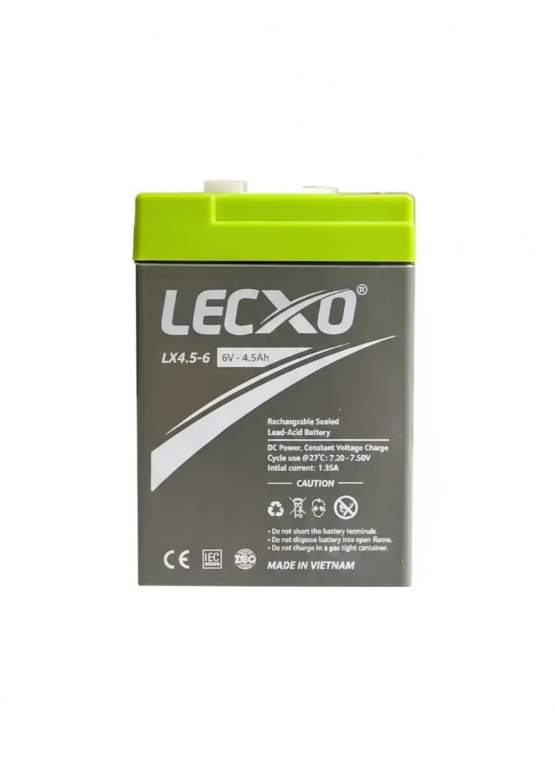 ليكسو بطارية ليكسو ٦ فولت ٤.٥ أمبير/ساعة قابلة لإعادة الشحن من الرصاص الحمضي (VRLA AGM) - لا تحتاج إلى صيانة لإضاءة الطوارئ وأنظمة الإنذار والألعاب