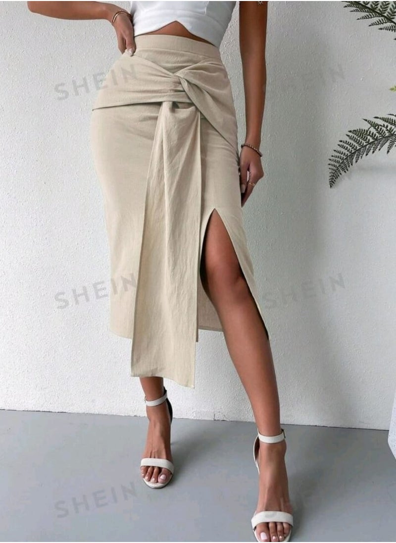 Shein SHEIN VCAY Solid Twist Front Split Thigh Skirt  - Image 1