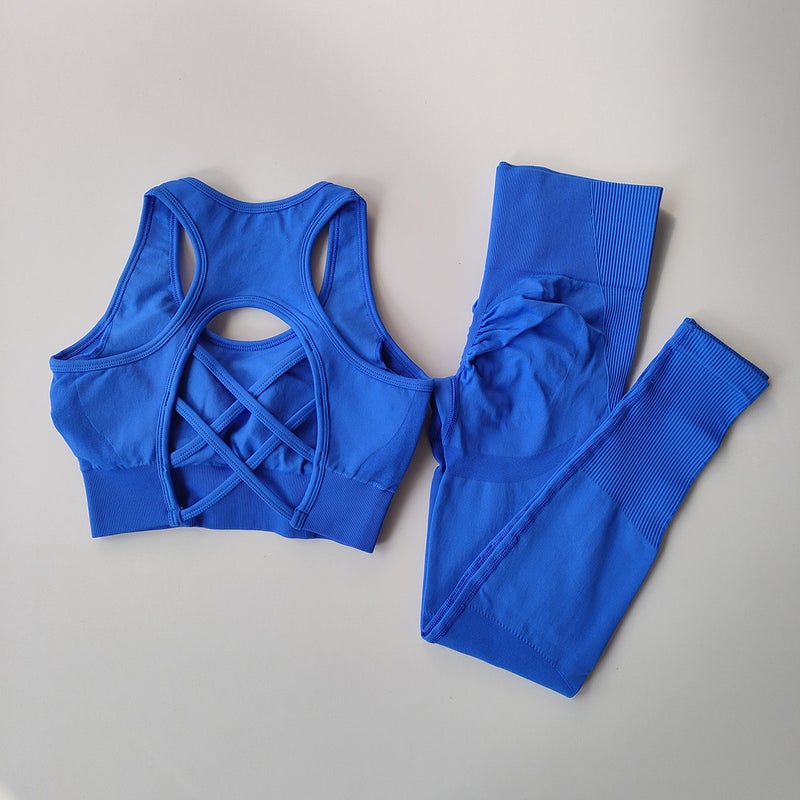 Seamless Womens Sportswear Yoga Fitness Set Blue  - Image 1