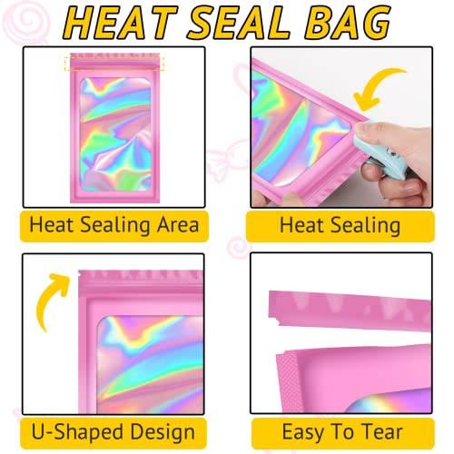 TIFICAL 100 PCS Holographic Bags, Smell Proof Bag, Resealable Gift Bags, Clear Bags for Food Storage, Party Favor Bag, Mylar Sample Bag for Jewelry, Lipgloss, Eyelash | Pink, 4x6 Inch - Image 4