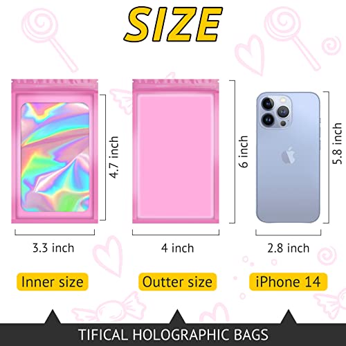 TIFICAL 100 PCS Holographic Bags, Smell Proof Bag, Resealable Gift Bags, Clear Bags for Food Storage, Party Favor Bag, Mylar Sample Bag for Jewelry, Lipgloss, Eyelash | Pink, 4x6 Inch - Image 2