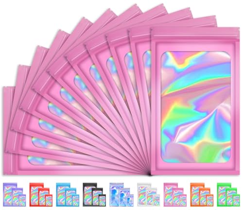 TIFICAL 100 PCS Holographic Bags, Smell Proof Bag, Resealable Gift Bags, Clear Bags for Food Storage, Party Favor Bag, Mylar Sample Bag for Jewelry, Lipgloss, Eyelash | Pink, 4x6 Inch - Image 1