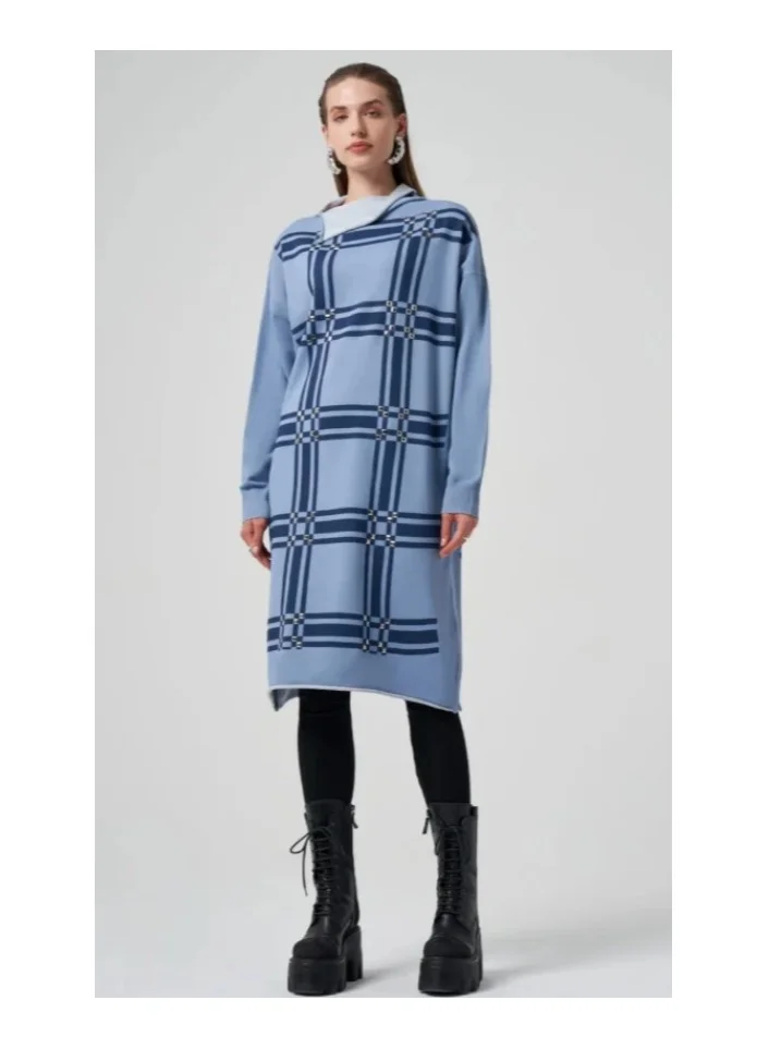 Geometric Check Longline Knit Tunic - Blue