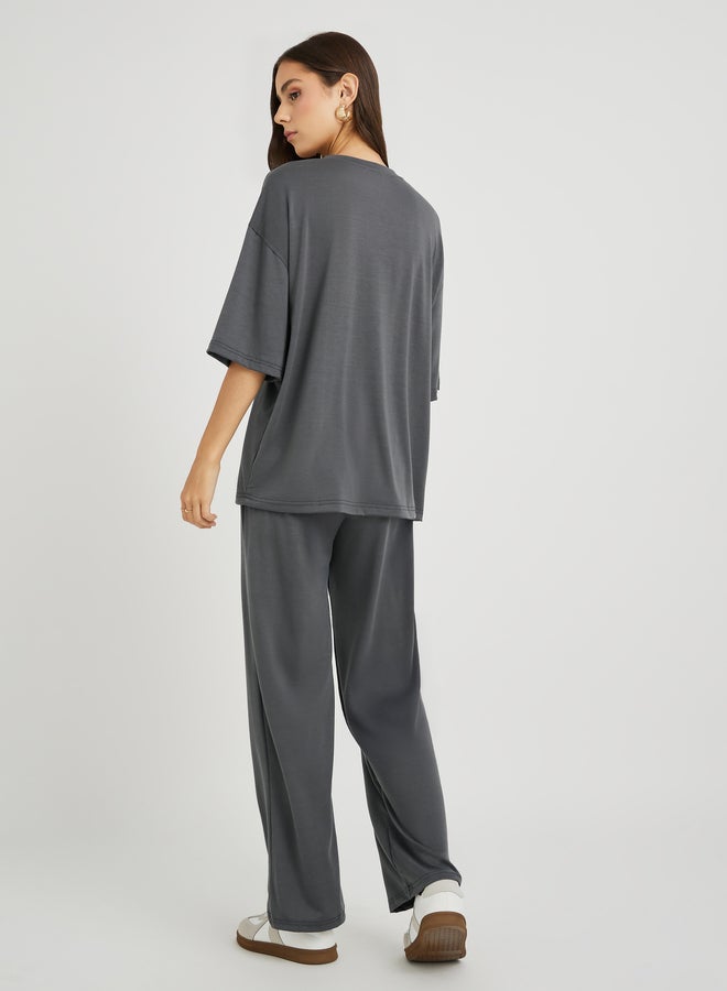 Take Two Take Two Slogan Print Round Neck T-Shirt and Pants Co-Ords  - Image 5