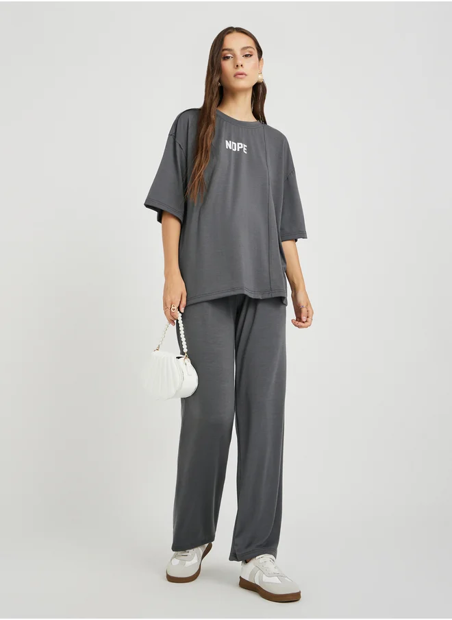 Take Two Take Two Slogan Print Round Neck T-Shirt and Pants Co-Ords