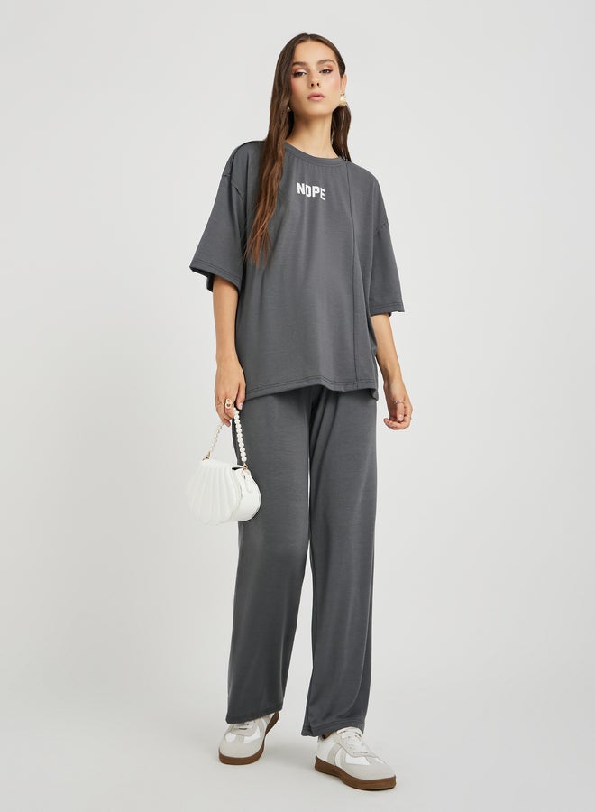 Take Two Take Two Slogan Print Round Neck T-Shirt and Pants Co-Ords  - Image 1