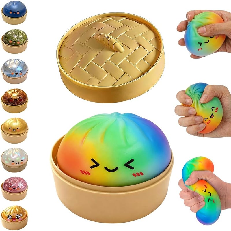 hepanio Glitter Dumpling Squishy,Dumpling Squishies,Glitter Dumpling Mystery Box,Colorful Dumpling Stress Balls Fidget,Jumbo Squishy Toy with Steamer Box Suitable for Adult use in Offices (Rainbow Colors) - Image 1