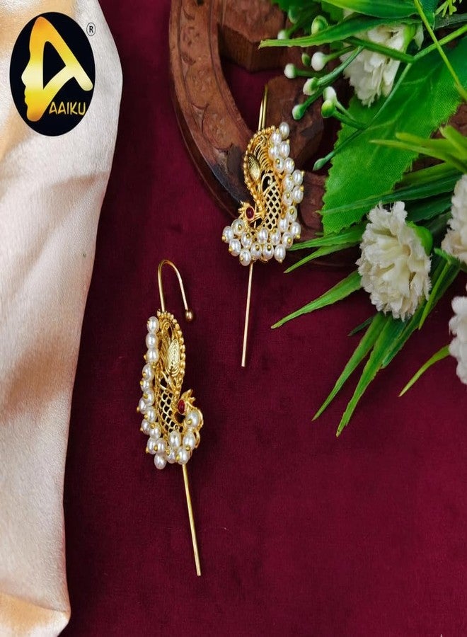 AAIKU Gold-Plated Peacock Pearl Ear Cuff for Women | Traditional Maharashtrian Ear Kan - Image 2