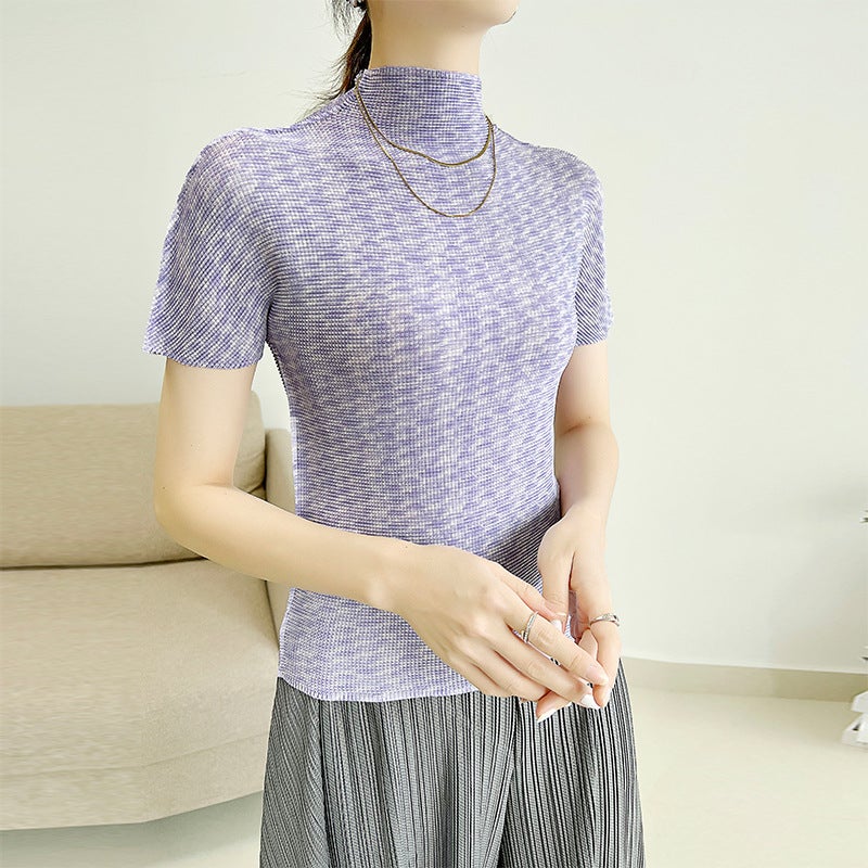 Miyake Printed Pleated Short-Sleeved T-Shirt Women's Summer New Fashionable Design Sense Small Shirt Slim-Fit Top Half-High Collar - Image 4