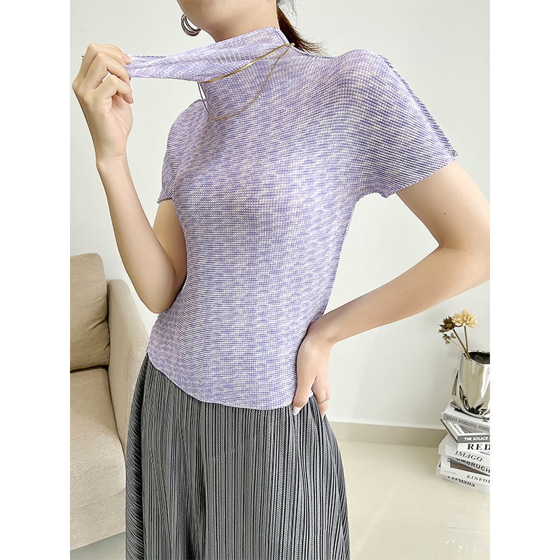 Miyake Printed Pleated Short-Sleeved T-Shirt Women's Summer New Fashionable Design Sense Small Shirt Slim-Fit Top Half-High Collar - Image 5