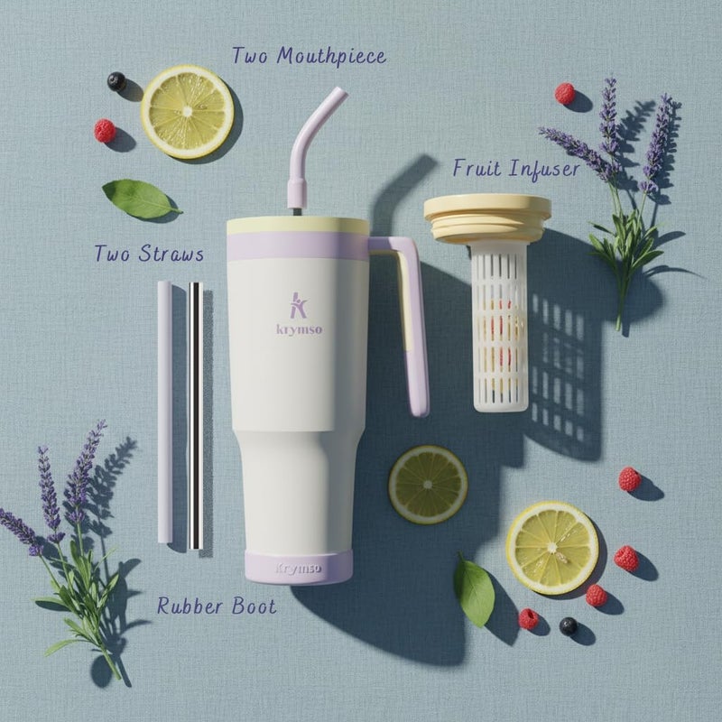 KRYMSO 1200ml Stainless Steel Tumbler with Handle, Straw Lid, Silicon Base, Vacuum Insulated, Leak-Proof, Reusable Travel Mug for Coffee, Smoothie, Water, Iced Drinks with infuser (White) - Image 1