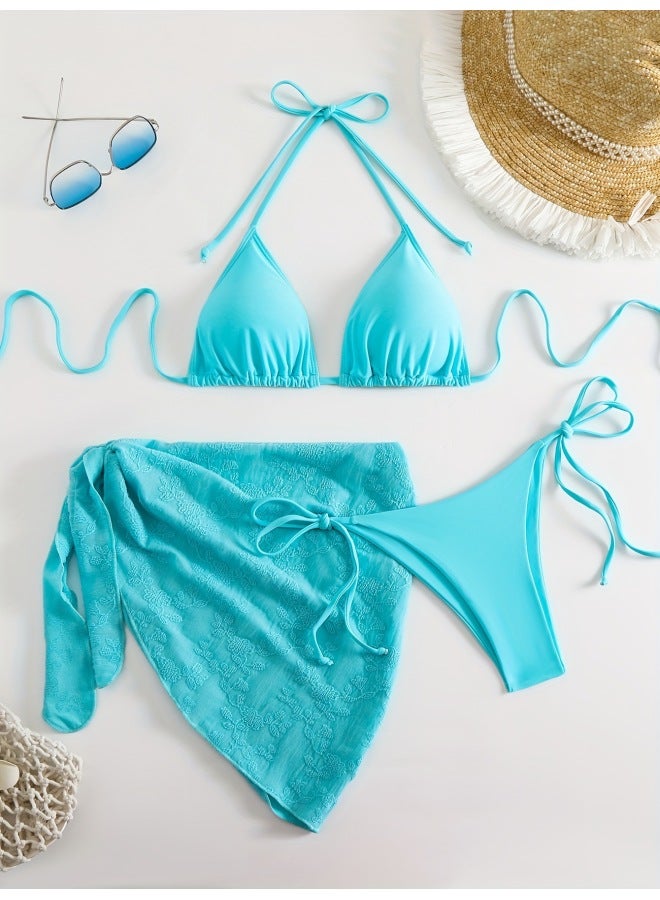Separate Swimwear Women's Bikini Three-piece Set Nylon Solid Color Beach Dress Swimwear