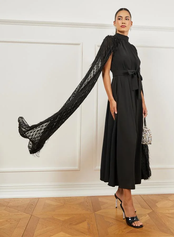 Black Embellished Cape Maxi Dress