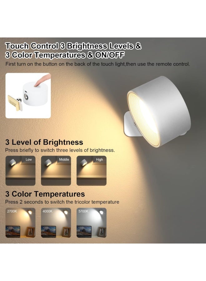 LED Sconces, LED Reading Lights, Wall Mounted Sconces with 3 Color Temperatures & 3 Brightness Levels, Rechargeable Battery USB Port , Magnetic Ball 360°Rotation Remote &Touch Control, Cordless Lights for Reading Bedside, White  - Image 3