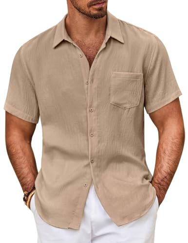 COOFANDY Beach Shirts for Men Short Sleeve Button Up Untucked Linen Summer Shirts Light Khaki - Image 1
