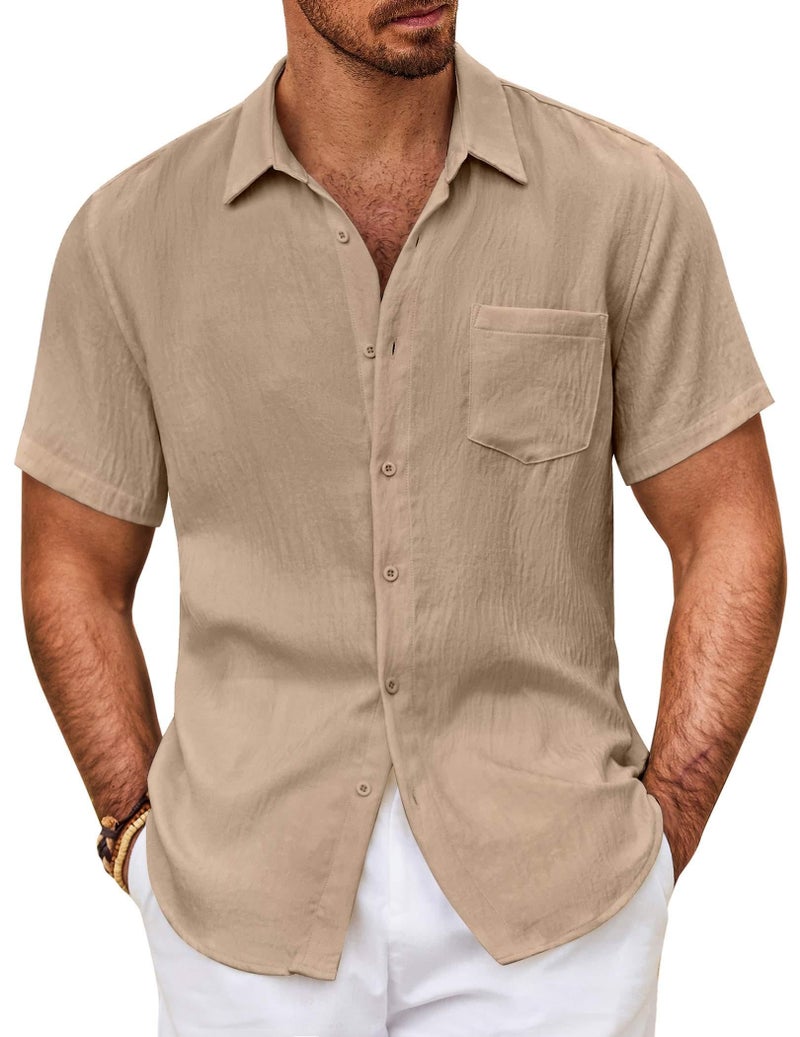 COOFANDY Beach Shirts for Men Short Sleeve Button Up Untucked Linen Summer Shirts Light Khaki - Image 2