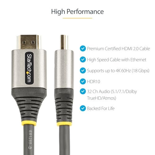 Startech.com StarTechcom 10ft 3m Premium Certified HDMI 20 Cable High Speed Ultra HD 4K 60Hz HDMI Cable with Ethernet HDR10 ARC UHD HDMI Video Cord for UHD Monitors TVs Displays MM HDMMV3M - Image 3