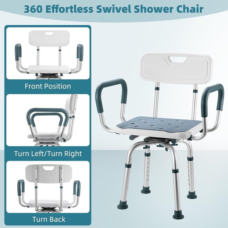 Aidwaygo Swivel Shower Chair with Arms and Back, 400 lbs Heavy Duty Shower Seat for Inside Shower Stall and Bathtub, Height Adjustable Safety Bath Seat for Elderly, Adults, Handicap and Disabled - Image 2