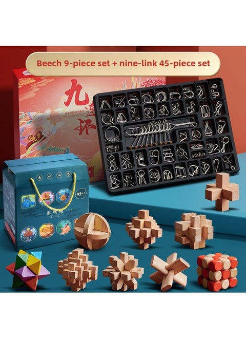 Nine Series Toy Luban Lock Full Set Of 32 Sets Of Primary School Children's Intelligence Unlock Ring Release Competition Dedicated-Color:[thickened] Nine-link 45-piece Set + Kong Ming Lock 9-piece Set