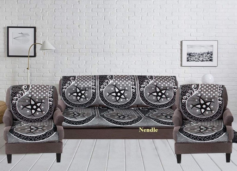 Nendle Damask Design Concept 5 Seater Sofa Set Covers with Cotton & Polyester (Black & White, Standard Size) - Pack of 6 - Image 2
