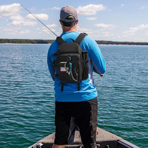 Piscifun Fishing Tackle Backpack with Rod Gear Holder Lightweight Outdoor WaterResistant Fishing Shoulder Storage Bag with Protective Rain Cover Black - Image 3