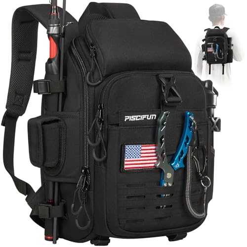 Piscifun Fishing Tackle Backpack with Rod Gear Holder Lightweight Outdoor WaterResistant Fishing Shoulder Storage Bag with Protective Rain Cover Black - Image 1