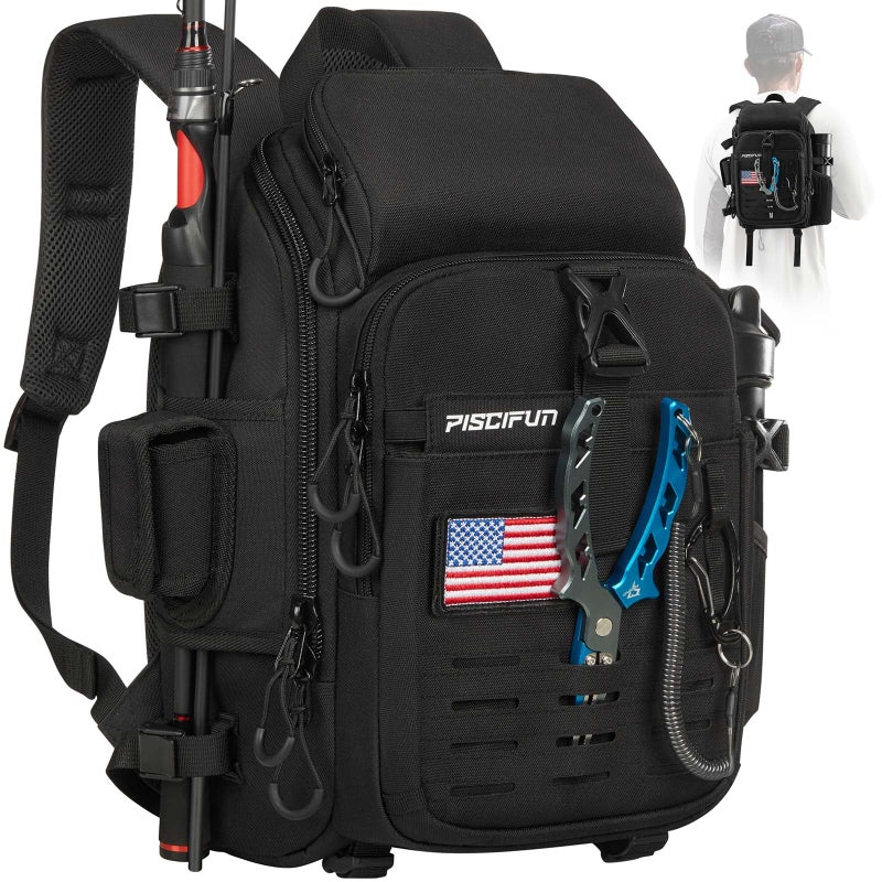 Piscifun Fishing Tackle Backpack with Rod Gear Holder Lightweight Outdoor WaterResistant Fishing Shoulder Storage Bag with Protective Rain Cover Black - Image 2