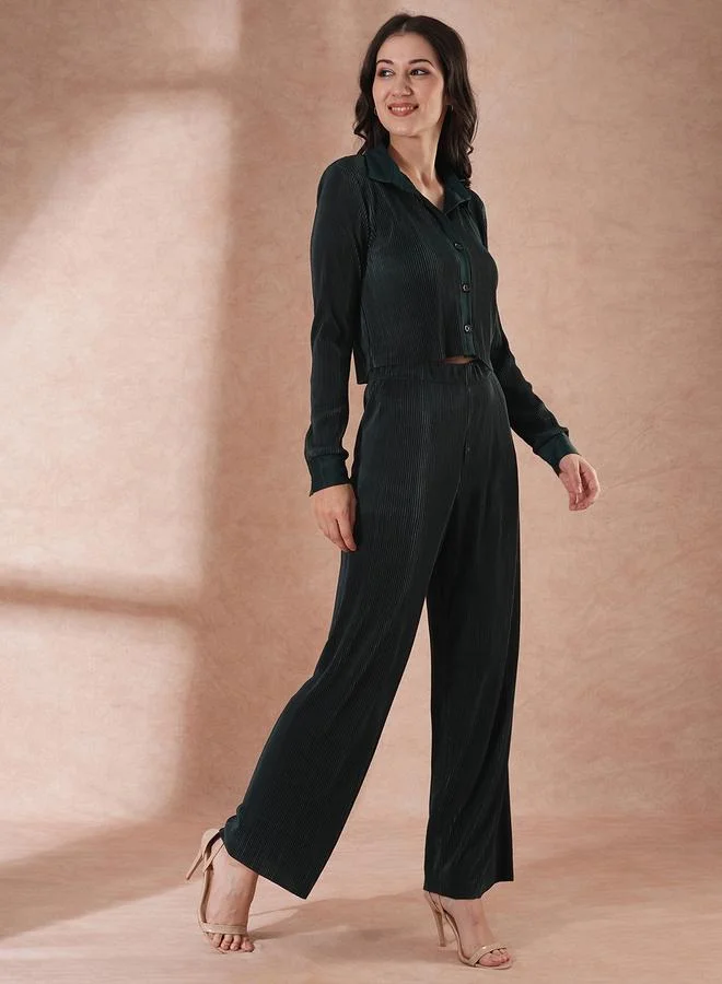 globus Globus Women Green Pleated Cinch Waist Shirt and Trousers Co-Ords