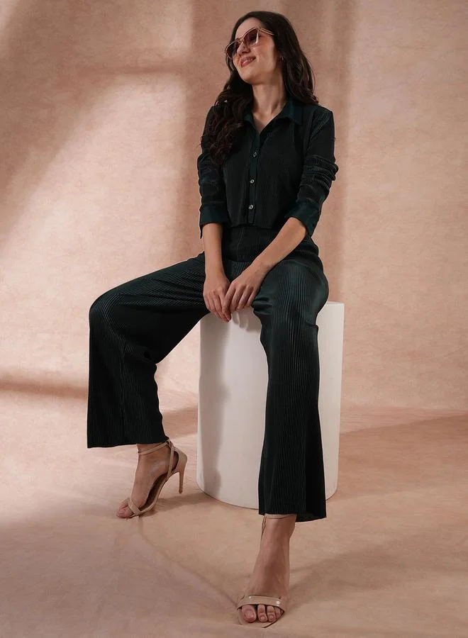 globus Globus Women Green Pleated Cinch Waist Shirt and Trousers Co-Ords