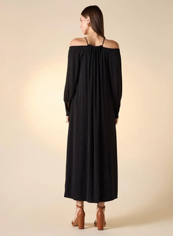 Iconic  Iconic Textured Halter Neck Maxi Dress with Long Sleeves and Slit Detail for Women | Best Price UAE