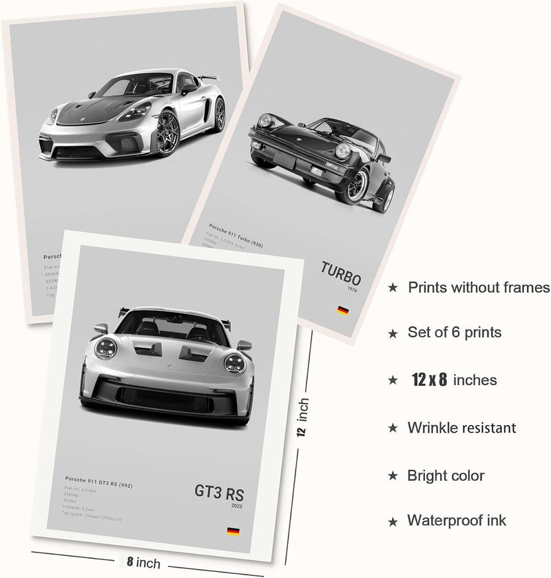 Dujoi 911 GT3RS GT2RS Posters Car Posters For Walls Racing Car Wall Art For Boys Bedroom Supercar Paper Prints Poster Set Of 6,Unframe 8x12inch,20x30cm - Image 4