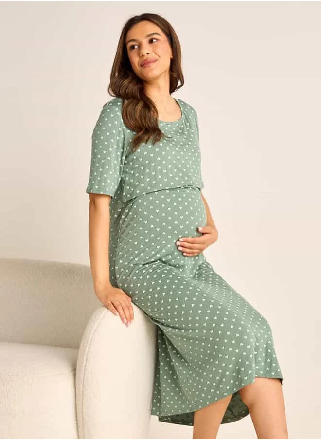 FAV Printed Maternity Night Dress with Round Neck and Short Sleeves