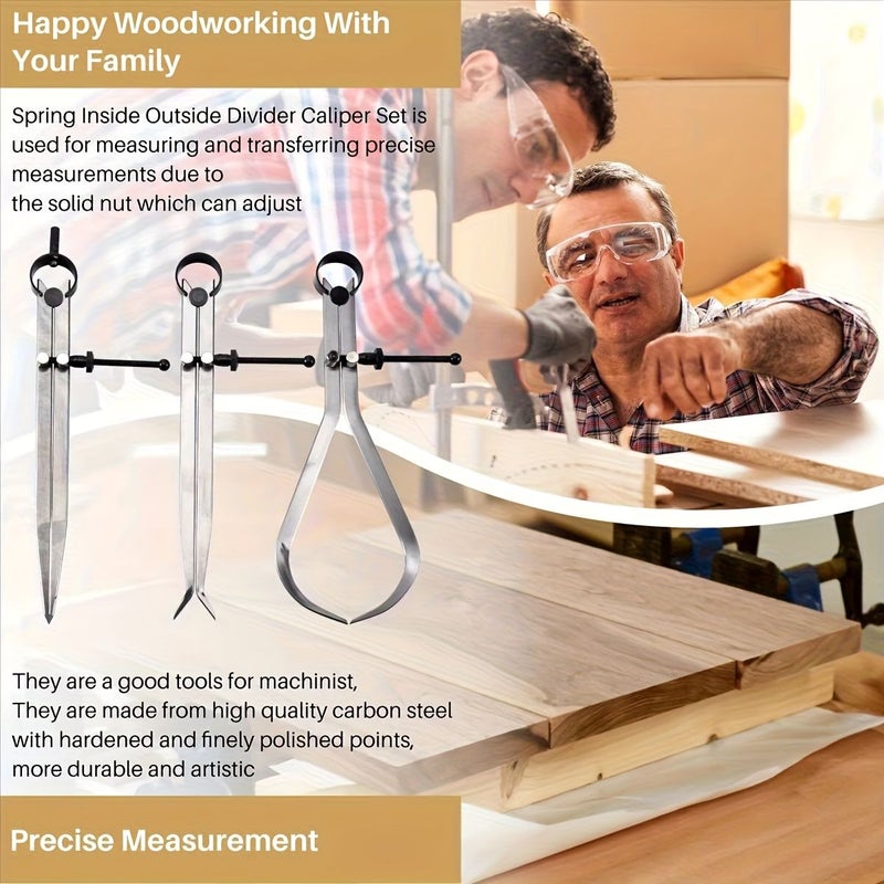 Spring Caliper Set 3 Pieces 8 Inch Internal Measuring Type Flat Legs Carbon Steel Machinist Tool Silvery Metalworking Precision Measurement - Image 3