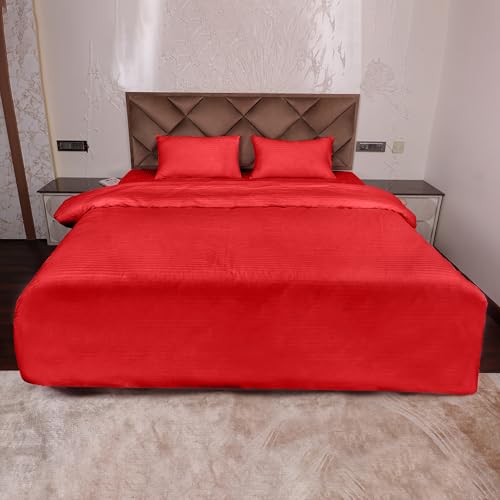 AVI Zippered 100% Cotton 210TC Satin Striped Double Duvet Cover | Quilt Cover Blanket Cover Razai Comforter Cover with 2 Pillow Covers- 91 X 101 Inch, Red - Image 1