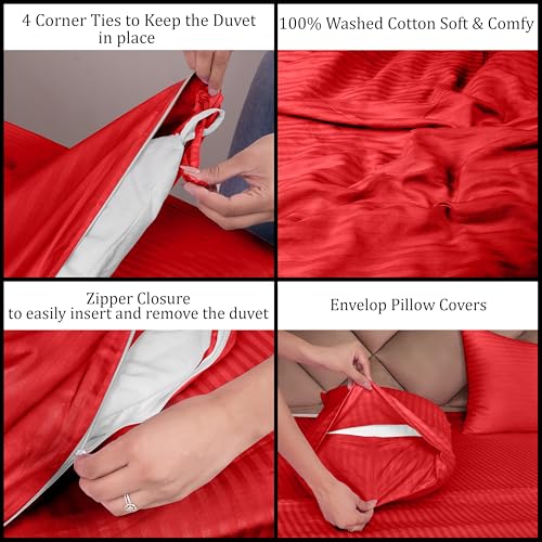 AVI Zippered 100% Cotton 210TC Satin Striped Double Duvet Cover | Quilt Cover Blanket Cover Razai Comforter Cover with 2 Pillow Covers- 91 X 101 Inch, Red - Image 3