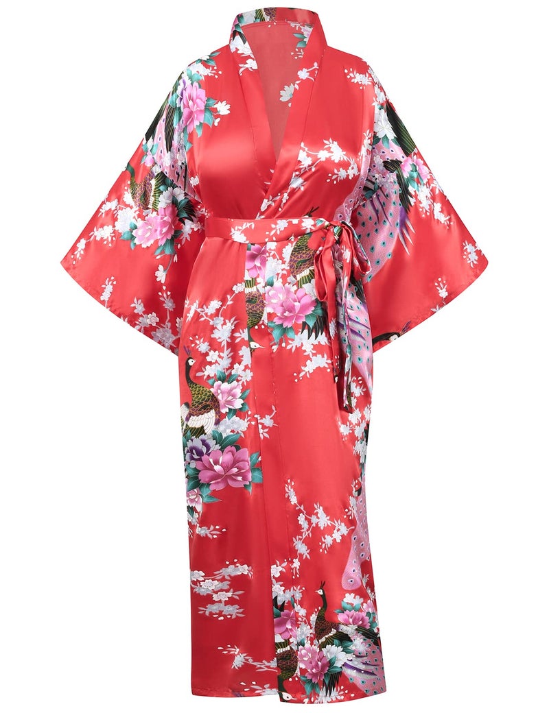 Heone Japanese Long Kimono Satin Peacock Printed Lightweight Cardigan Jacket Coat Loose Yukata Cloak Bathrobe Tops folding fans Tabi Socks Set(Red S-L) - Image 2